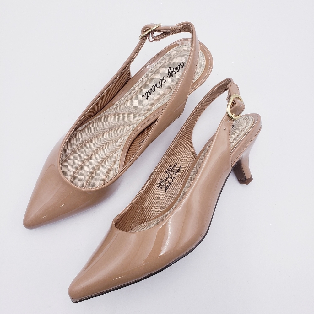 EASY STREET Womens Nude Patent Stretch Gore Faye Pointed‎ Toe Stiletto Slingback